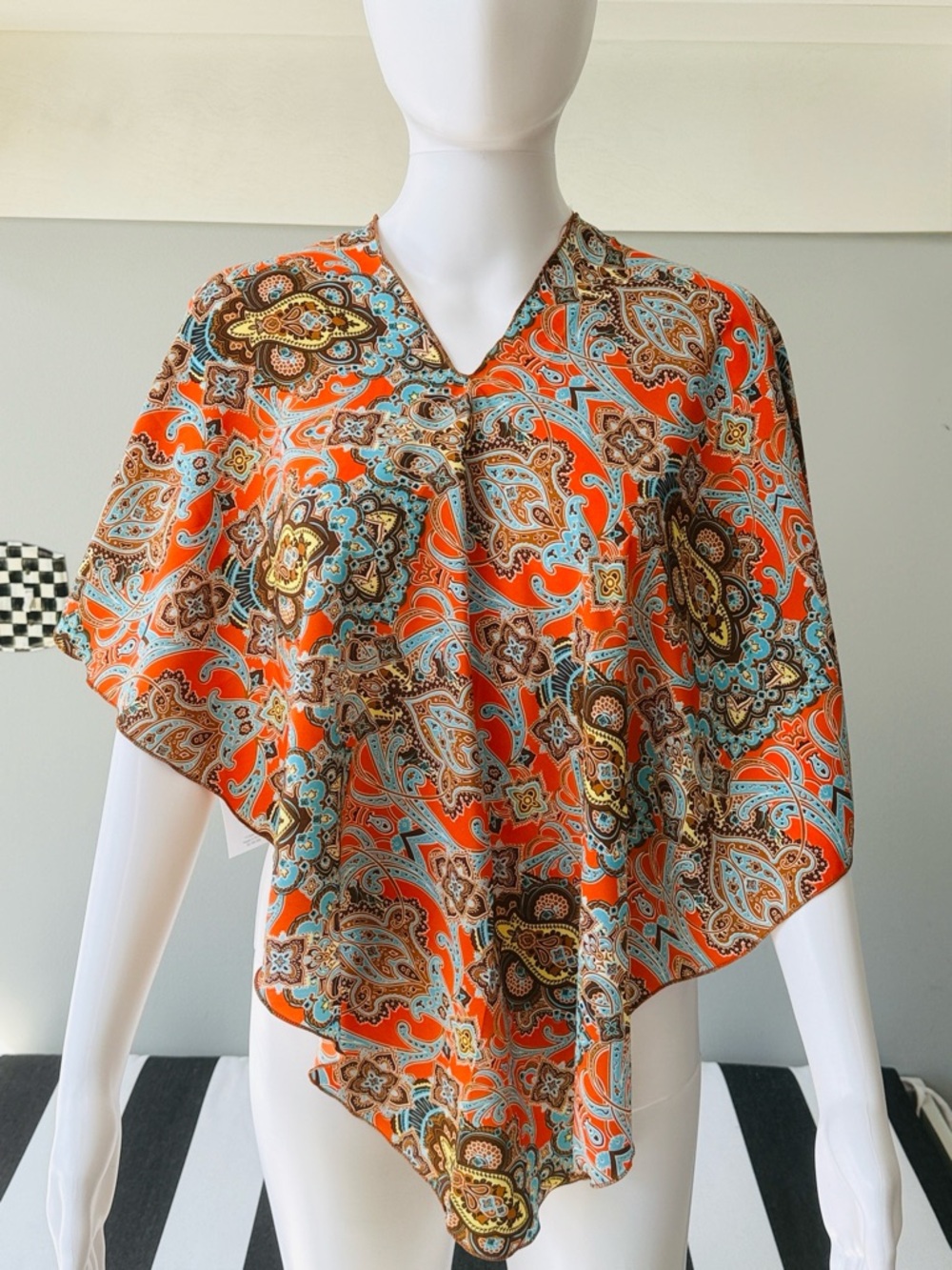 C3 Vibrant Orange & Turquoise Paisley Silk Multi-Style Poncho Top Blouse-1 Size - Picture 3 of 11